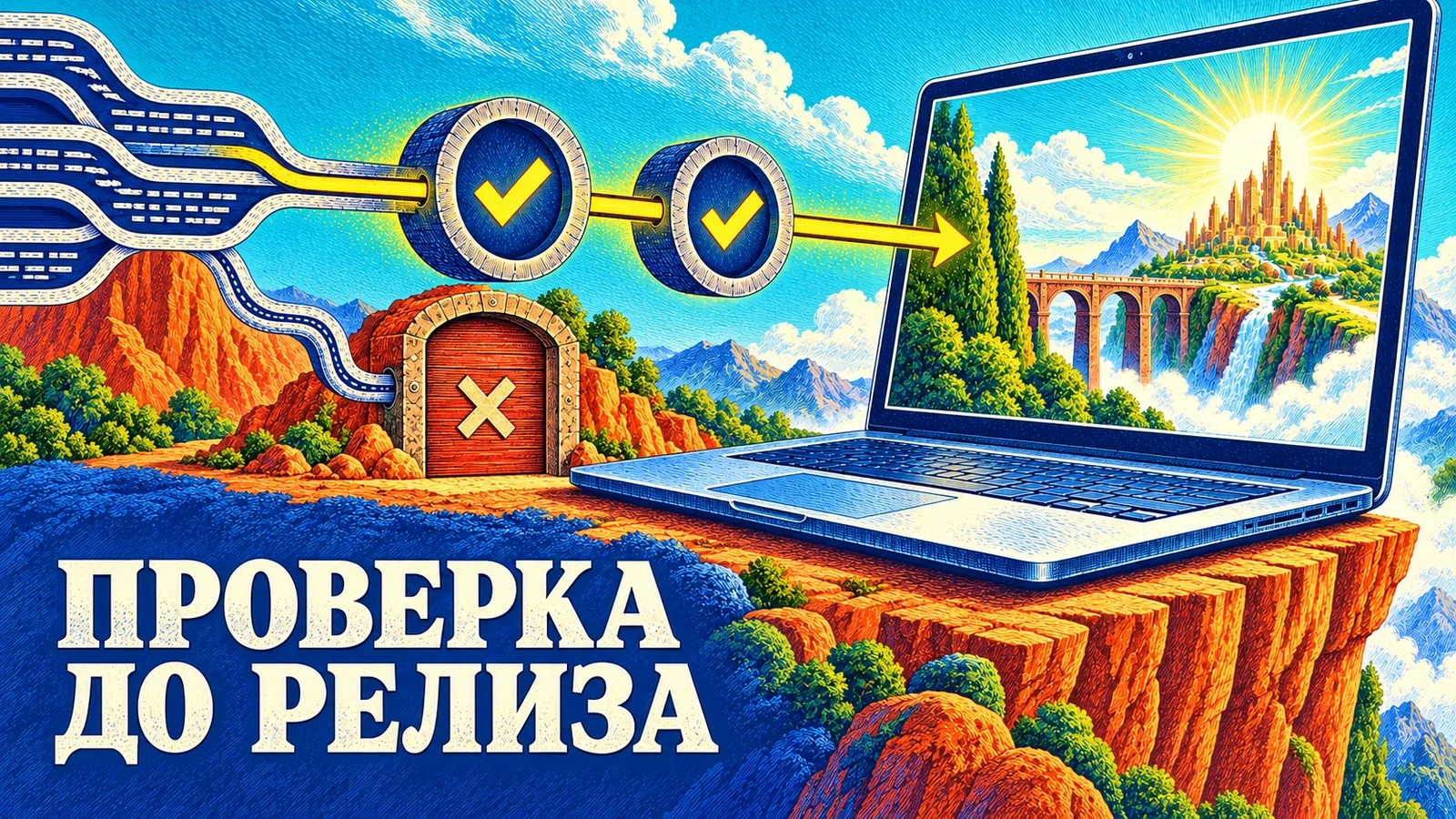 Яркая гравюра показывает автоматические проверки перед выпуском программы: «Проверка до релиза»