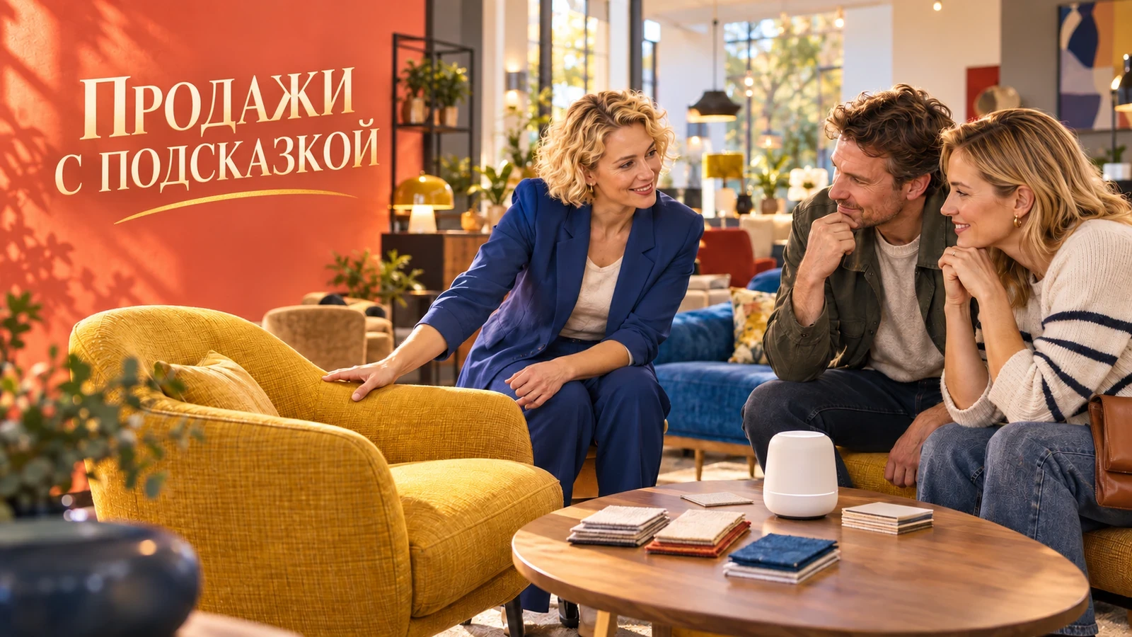 Менеджер использует проверяемую AI-подсказку на ярком постере «Продажи с подсказкой»
