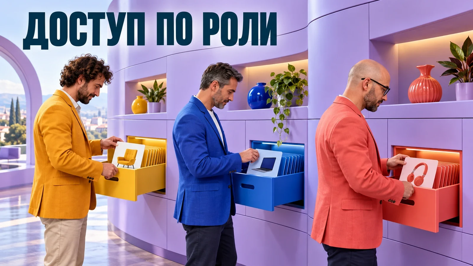 Три мужчины в ярких пиджаках открывают каждый свой ящик каталога на лиловой стене. Слоган «ДОСТУП ПО РОЛИ».