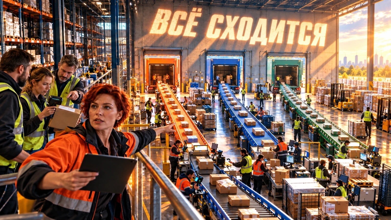 Команда синхронизирует три потока заказов на постере «Всё сходится»
