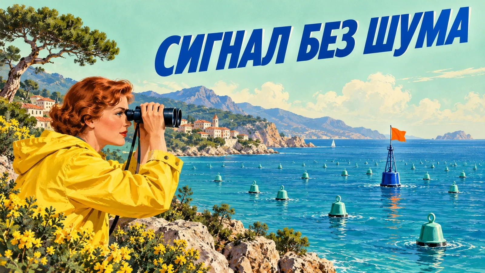 Рыжеволосая наблюдательница в жёлтом плаще смотрит в бинокль на буи в синем море. Слоган «СИГНАЛ БЕЗ ШУМА».